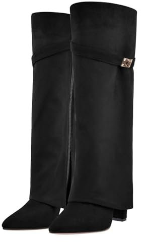 LIUHD Donne Stivali Pieghevoli in Jeans al Ginocchio Stivali Alti con Tacco Alto e Cerniera, Stivali Alti Dritti con Punta a Punta, Stivali Larghi,B,40