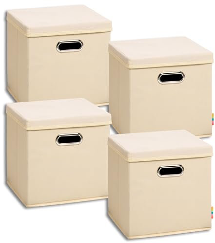 Storanda | 4er Set Aufbewahrungsbox mit Deckel 28x28x28 cm | Beiseitig Breite Griffe | Stabil & Faltbar | Regalbox für Würfelregal | Natur