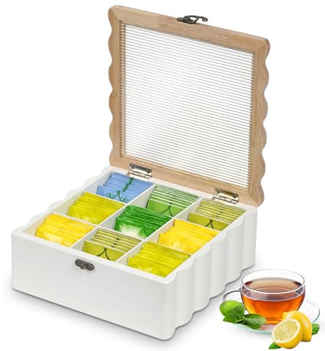 Optyuwah Teebox,Teekasten - Tee Aufbewahrungsbox aus Holz, Teebeutelbox Teekiste für Teebeutel Zucker Kaffeekapsel,Vorratsdose mit welliger Rand und Glas Sichtfenster Deckel Teebeutelhalter