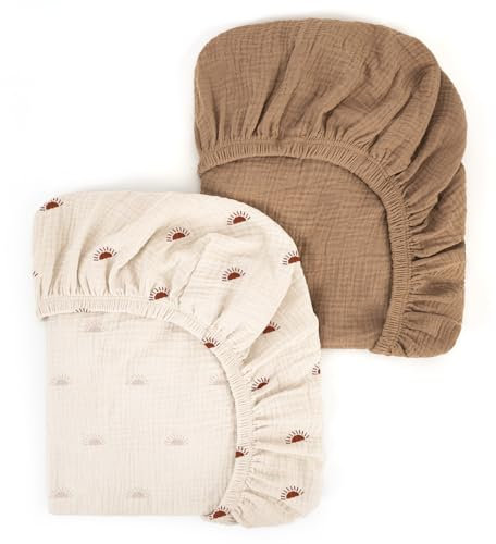 Peepeemax Musselin-Baumwolle Spannbettlaken 80x40cm, Kinderwagen Spannbettlaken Stubenwagen Matratzenbezug für Moseskorb, Babybett und Beistellbett für Jungen und Mädchen, 2er Pack, Sonne