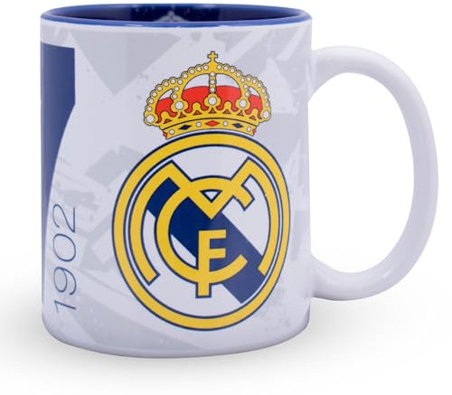 Hy-Pro Taza oficial del Real Madrid CF de 325 ml, de cerámica, apta para lavavajillas, apta para microondas, para bebidas calientes, té y café, mercancía del Real Madrid, idea de regalo de fútbol para
