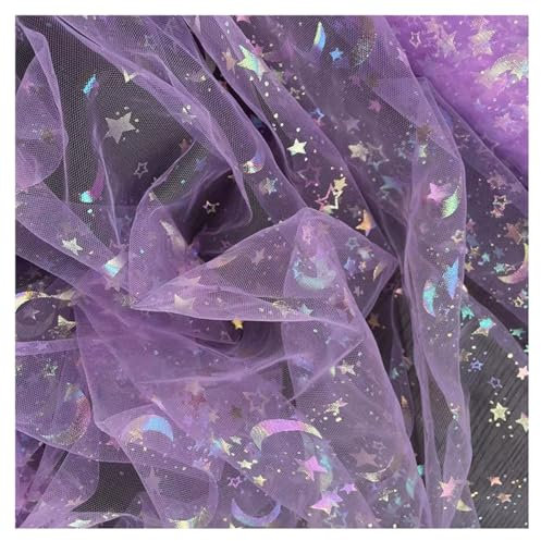 AMateschitz Glitzer Netzstoff Organza Glänzende Tüllstoff mit Sternen Mond Pailletten Heißprägung Tüll Dekostoff Sparkly Tüllband Stoff für DIY Nähen Kleidung Hochzeit Party Geschenk Deko Lila 1M*1M