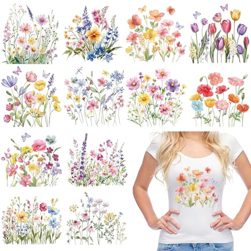 12 Sheets Watercolor Flower Iron on Transfers for T-Shirts, Spring DTF Transfers Ready to Press Heat Transfers Vinyl, Floral Iron on Patches Stickers for Clothes Backpack Bag Pillow Cover DIY Crafts