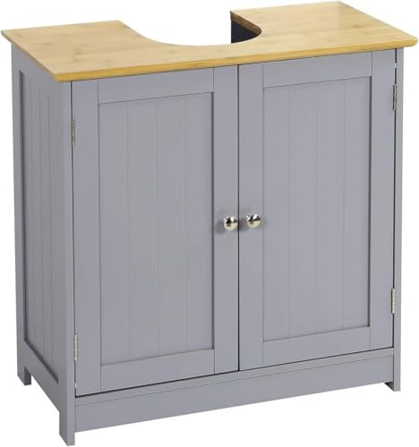 ComfyNex Grey & Bamboo Under Sink Bathroom Cabinet, Free Standing Wooden Sink Storage Unit with Shelf, Compact Basin Cupboard for Bathroom, Space Saving Organizer for Small Spaces