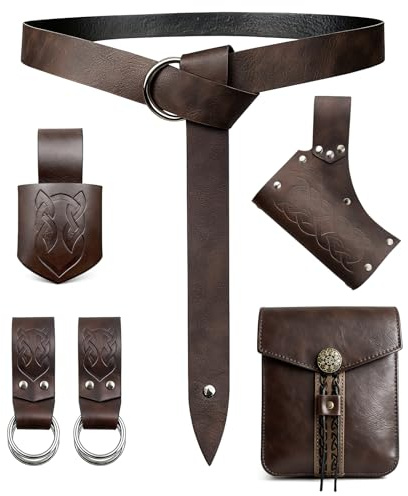 Ecoret-Pro Mittelalter Gürtel Set - 6 Pcs Ledergürtel Mittelalter mit Schwertscheide, Ledertasche & Wikinger für Herren, Damen | Gürtel Wikinger für Halloween, Renaissancefeste & Rollenspiele-Braun