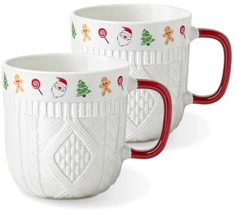 Calkkrer 2 Piece Red White Christmas Ceramic Mug with Relief Design, Festive Christmas Cup, Christmas Coffee Mug, Santa Claus Mug, Gift Idea