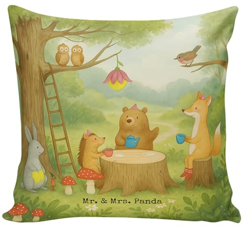Mr. & Mrs. Panda Polsterkissen Waldtiere Picknick Design - Geschenk, Deko Kissen, Dekokissen 40x40, Wald, kuschelkissen, Eichhörnchen, Lustige Sprüche, Fuchs, Igel, Maus, Couch