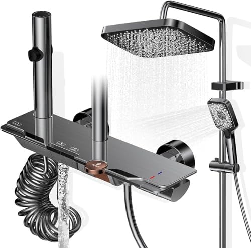 Wiorhix Colonna Doccia con Miscelatore, Set Doccia Soffione e Doccetta a Man, Pannello Comando Piano 4 Funzioni, Asta Saliscendi Altezza Regolabile, Corpo in Ottone Massiccio e Vetro Temperato-Grigio