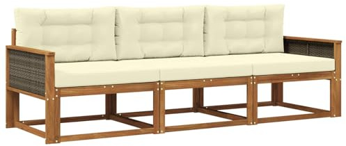 vidaXL Outdoor-Sofagarnitur mit Kissen 3 pcs Natur und Creme, Akazienholz Sofa Set für draußen, modernes Loungemöbel, Flexibler Gartenplatz, wetterfeste Einrichtung
