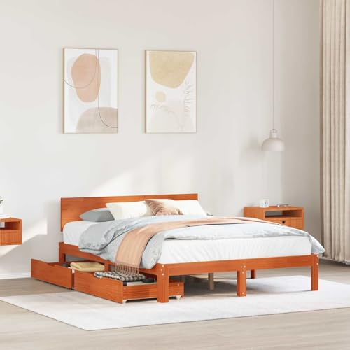 GeenYuu Cadre de lit en Bois de pin Massif Cire Marron avec tiroirs Rangement 3 pcs 195,5 x 138,5 x 69,5 cm sommier à Lattes Double Adulte Chambre Studio Confort et