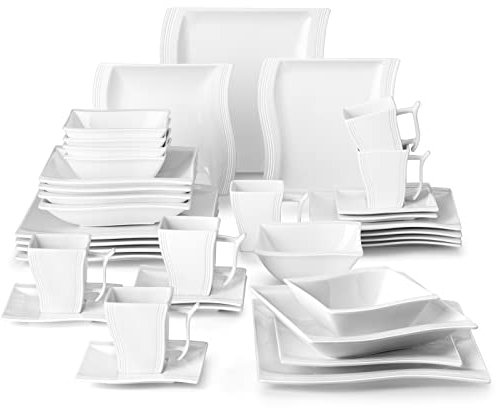 Malacasa, Series Flora, 36-Piece Cream White Porcelain Wave Shape Dinner Set with 6-Piece Cups 6-Piece Saucers 6-Piece Dessert Plates 6-Piece Soup Plates 6-Piece Cereal Bowl and 6-Piece Dinner Plates Service Set for 6