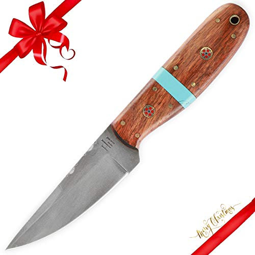 Hobby Hut HH-411, 21.59 cm handgefertigtes Bushcraft 52100 Edelstahlmesser | Jagdmesser mit Scheide, Holz und Türkis | Fixed Blade | Full Tang, feststehende Klinge | Rasiermesserscharfe Klinge