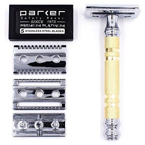 Parker Safety Razor Convertible - Doppelt Kopf Sicherheitsrasierer (offen und geschlossen Kamm Leiter) & 5 Parker Doppelkante Klingen