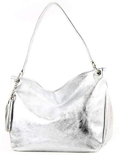 modamoda de - T154 - ital Schultertasche Umhängetasche aus Leder, Farbe:Silber