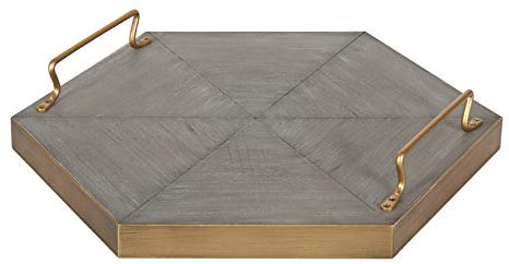 Kate and Laurel Sade - Vassoio esagonale decorativo con maniglie, 40,6 cm, grigio cemento e oro, moderno vassoio per ottomano, centrotavola o arredo bagno e camera da letto