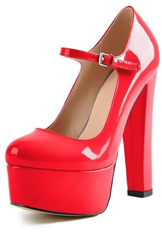 MissHeel Platform Mary Jane Plateauschuhe mit Knöchel Schnalle High Heels Rot EU 40