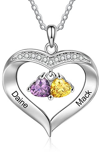 ALBERTBAND Personnalisé 1-8 Pierres de Naissance Collier Argent 925 Collier Dames Pendentif Coeur avec Nom Gravure Mère Fille Chaîne Cadeau pour la Fête des Mères Saint Valentin Noël (2 names)