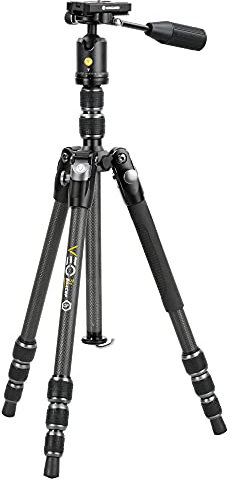 Vanguard VEO3T204CBP Carbon Fiber Travel Tripod with Ball Head, Removeable Pan Handle, and Quick Shoe with Built-in Smartphone Holder, Black, 20 mm