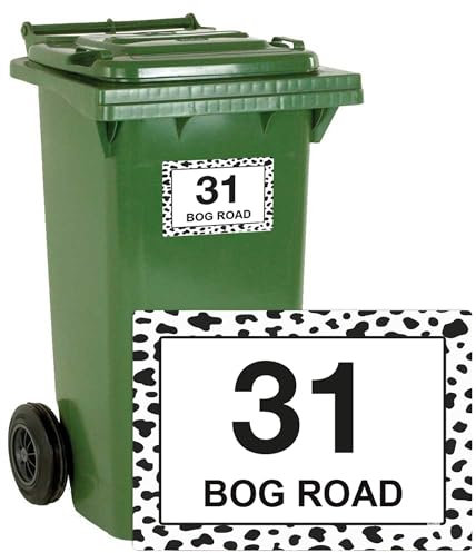 stika.co Lote de 4 pegatinas personalizadas para cubos de basura dálmata, número de casa y nombre de la calle para contenedores y contenedores de reciclaje (A5 210 x 148 mm, vinilo laminado)