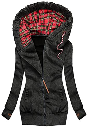 CCOOfhhc Zip Up Hoodie Jacke Damen Lang Sweatjacke Farbblock Kapuzenjacke Herbst Winter Kapuze Übergangsjacke mit Einstellbarer Kordelzug Mode Damenmantel Sport Outdoor Reißverschluss Sweatshirt