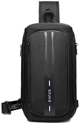 OZUKO Herren Sling Bag Rucksack Anti-Diebstahl Brusttasche Schwarz 19 x 11 x 35 cm USB Ladefunktion