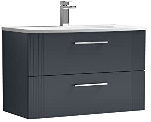 nuie DPF1495G Deco Modern Bathroom Wall Hung 2 Drawer Part Fluted Vanity Basin Unit with Curved Ceramic Basin, 800mm, Soft Black