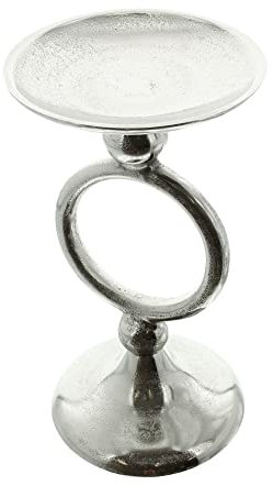 FRANK FLECHTWAREN Kerzenhalter Silver Circle, Aluminiumguss, Silber, schimmernder Antik-Look, großer Kerzenteller, möbelschonende Filzunterseite, Maße: Höhe 26 cm, Teller Ø 14 cm, ohne Kerze