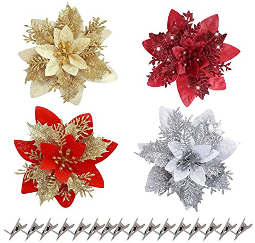 CLDURHGE 16 Piezas de Flores de Navidad con Clips, Rojo, Dorado, Plateado Flores de Navidad Artificiales Poinsettia, Navidad Decoración Adorno para Decoración de Boda de árbol de Navidad