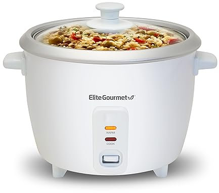 Elite Gourmet ERC-003# Olla arrocera eléctrica con mantenimiento automático del calor, para hacer sopas, guisos, granos, cereales calientes, blanco, 6 tazas de arroz cocido (3 de arroz crudo)