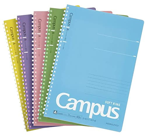 KOKUYO Campus SU-S111AT Notizbuch mit weichem Ring, Semi-B5, A, 7 mm, gepunktet, 29 Zeilen, 40 Blatt, 5 Farben