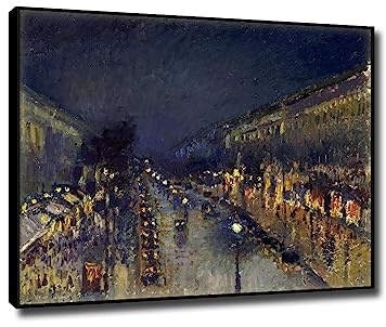 Camille Jacob Pissarro Célèbre art mural imprimé Le boulevard Montmartre la nuit, impression giclée sur toile, prête à accrocher, reproduction sur toile, 60 x 70 cm, cadre noir