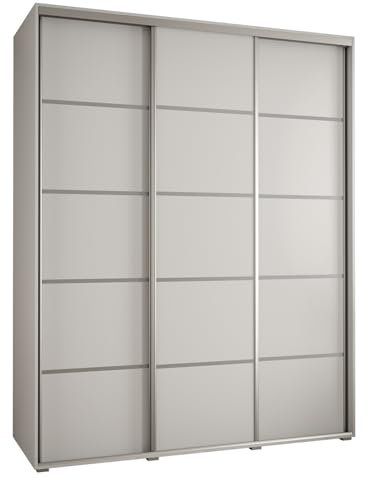MEBLE KRYSPOL Davos 4 200 Schrank mit DREI Schiebetüren für Schlafzimmer - Moderner Kleiderschrank mit Kleiderstange und Regalen - 235,2x200x60 cm - Weiß Weiß Silber