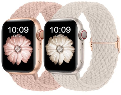 Finoriss Armband Kompatibel mit Apple Watch 38mm 40mm 41mm, Geflochtenes Elastisches Nylon Armband für Apple Watch Series 9 SE 8 7 6 5 4 3, Sand Rosa/Polarstern