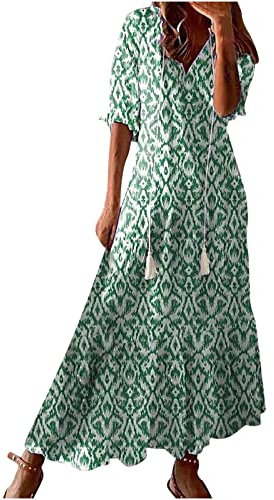 WVONIF Robe Femme Été Fluide Bohème Chic Rose Vintage Col V Manches Courtes Longue Casual Imprimé Fleurie Maxi Mode De Plage Soirée Gothique