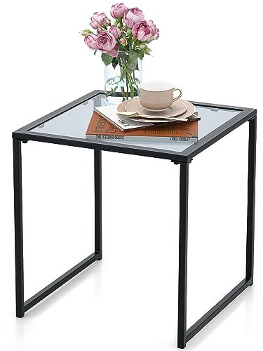 GOPLUS Mesa de jardín pequeña, 43 cm, mesa auxiliar para exteriores de cristal templado y metal, mesa de café cuadrada, mesa de balcón, mesa de bistró, ahorra espacio para salón, dormitorio, terraza y