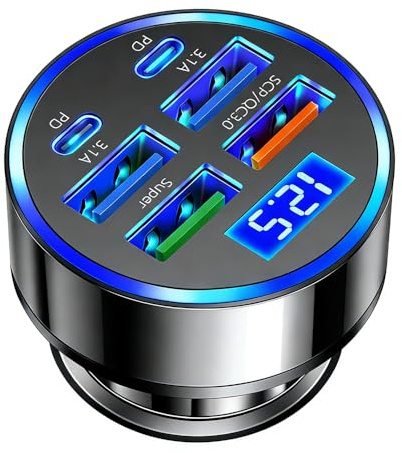 USB C Car Charger Adapter with Voltmeter Compatible with iPhone 16 15 14 13 12 11, Android, Samsung, 120W 6 in 1 Multi-Port Super Fast Charging Cigarette Lighter USB Charger