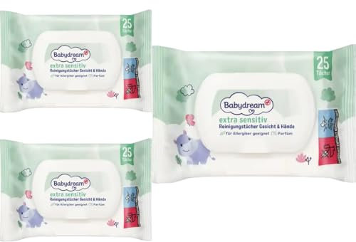 Babydream Extra sensitive Reinigungstücher Gesicht & Hände Feuchttücher Tücher 25 Stück x 3 Packs