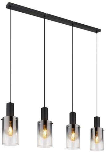 Pendellampe Pendelleuchte Esstischleuchte Wohnzimmerlampe Hängeleuchte Lampe, 4 Flammig Rauchglas Metall schwarz, E27 Fassungen, LxBxH 102,5x12,5x150cm