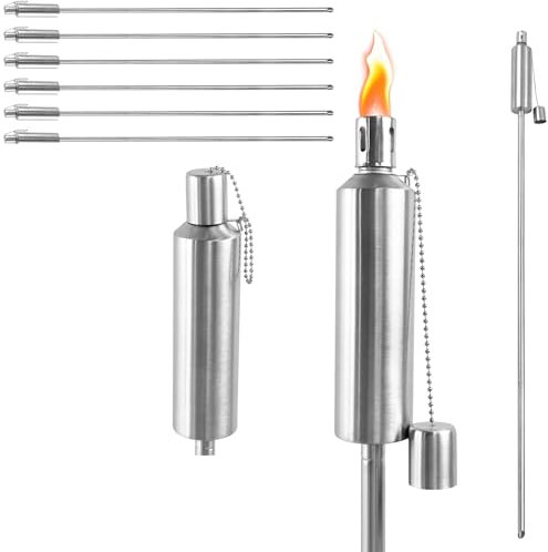 XMTECH 6er Set Gartenfackeln für Draußen aus Edelstahl 115 cm Öl 330 ml Ölfackeln Fackeln Öllampe,Outdoor Fackeln, Rostfrei für Balkon & Terrasse