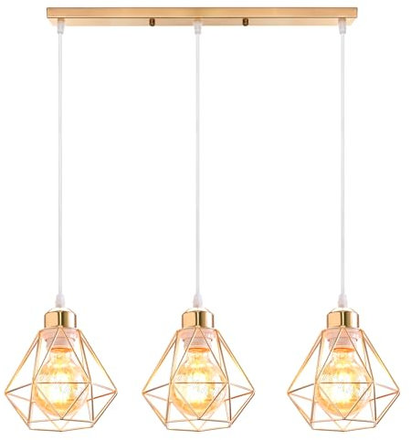 TOKIUS 3-flammig Pendelleuchte Vintage Industrial Hängelampe mit Geometrischem Design E27 Lampe aus Eisen Käfig Lampenschirm Retro Hängeleuchte für Esstisch Küche (Gold, Pendellampe, Balken)