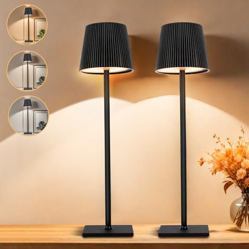 Dimmbare Tischlampe mit Akku - 4800 mAh Tischlampe Kabellos Schwarz - Led Tischleuchte - Wiederaufladbar Warmweiß(2700k-6500k) - IP54 Touch Tischlampe, Für Drinnen und Outdoor, Nachttischlampe 2er Set
