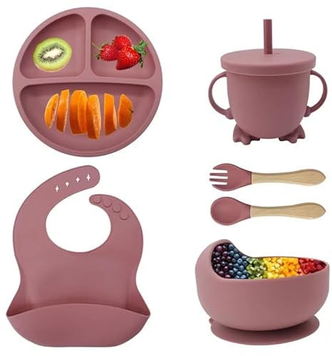 Eliano 6-teiliges Silikon-Baby-Geschirrset – rutschfester Teller & Schüssel, Becher mit Strohhalm, Löffel, Gabel & Lätzchen – BPA-frei, spülmaschinenfest, mikrowellengeeignet, ab 6 Monaten (Rot)