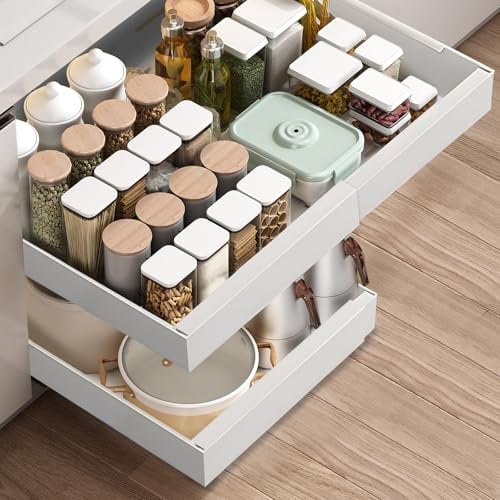 Pameil Pull out Cabinet Organiser, Slide out Drawers for Kitchen Cabinets, no Drill Adjustable Drawers, pull out Kitchen Storage,Cupboard Organiser that Requires no Drilling and Nailing (White)