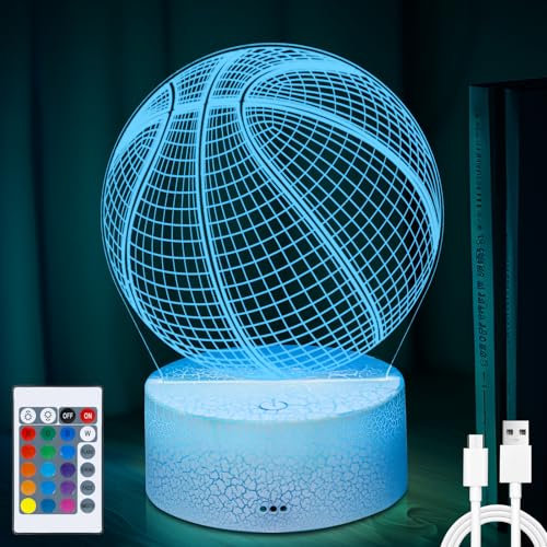 Pinlanuo Basketball Geschenke Jungen, Basketball Weihnachtsgeschenke Kinder, 3D Illusion Basketball Lampe,16 Farben ändern & Fernbedienung, 7-10 Jahre Geburtstagsgeschenk Zimmer Schlafzimmer Deko