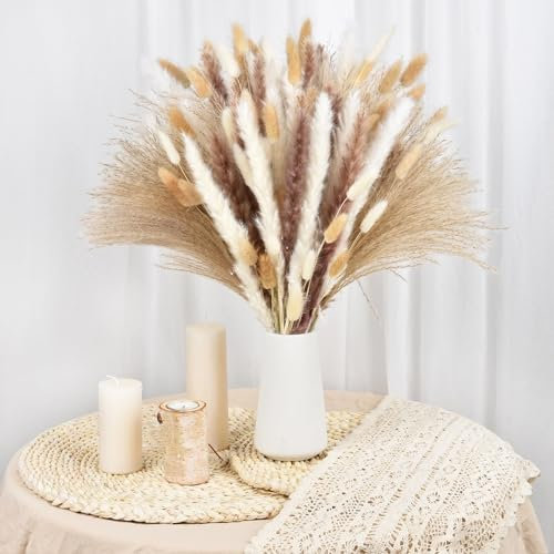 Barlone Pampasgras Trockenblumenstrauß, Weiß Pampasgras Deko Wohnzimmer, Boho Deko, Trockenblumen Beige, Pampasgras Getrocknet für Hochzeits Boho Blumen und Tischdekoration zu Hause, Party