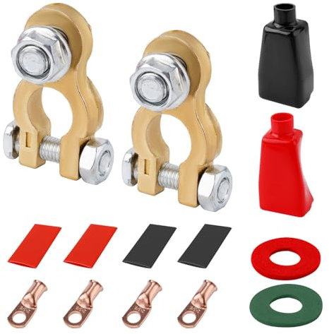 Car Battery Terminal Kit, Battery Terminal Cable Connectors Ends with 4 Copper Lugs 4 Heatshrink Tubes 2 Clamp Terminal Covers 2 Washers 2 Connectors Accessories Parts for Auto Boat Truck RV Camper