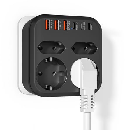 Ladron Enchufes Multiple USB Pared con 2 Schuko y 2 Enchufes EU, Enchufe de Pared con 6 USB 5 V/3.4 A, 3500 W 15 A Enchufe Plano Que Ahorra Espacio, para Oficina, Familia, Cocina y Viajes