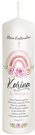 Scheinvoll® Konfirmationskerze Regenbogen mit Kreuz personalisiert mit Namen, Datum und Spruch - Modell Karina - Andenken und Konfirmationsdeko (25 x 8 cm)