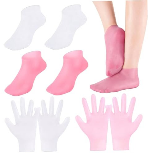 4 Pairs Silicone Moisturizing Gloves & Socks Set Anti Slip Spa Socks and Gloves 2 Colors Hands Feet Skin Care High Elasticity Reusable Mittens and