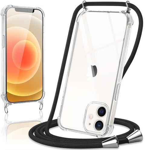 Coiwxmoi Coque avec Cordon pour iPhone 12/iPhone 12 Pro 6,1, Collier Réglable Téléphone Étui Portable Lanyard Case Transparent Ultra Souple Silicone TPU Housse Antichoc Protection Cover, Noir
